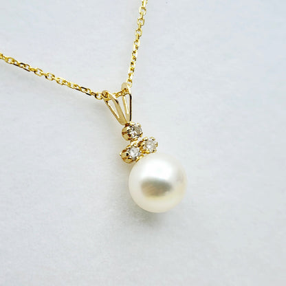 14k Gold Pearl Diamonds Pendant Necklace, 14K Yellow Gold Natural Freshwater Pearl with 3 Diamonds Pendant, Bridesmaid Gifts, Bridal Jewelry