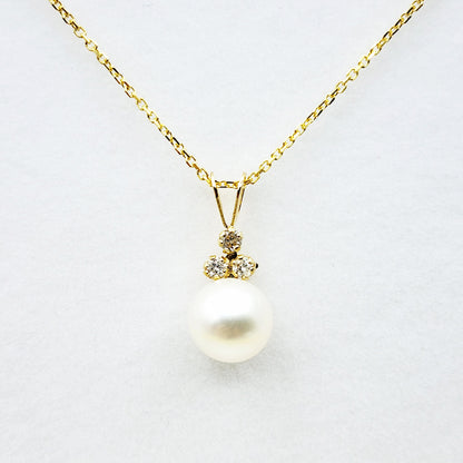 14k Gold Pearl Diamonds Pendant Necklace, 14K Yellow Gold Natural Freshwater Pearl with 3 Diamonds Pendant, Bridesmaid Gifts, Bridal Jewelry