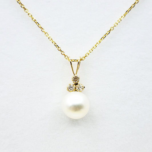 14k Gold Pearl Diamonds Pendant Necklace, 14K Yellow Gold Natural Freshwater Pearl with 3 Diamonds Pendant, Bridesmaid Gifts, Bridal Jewelry