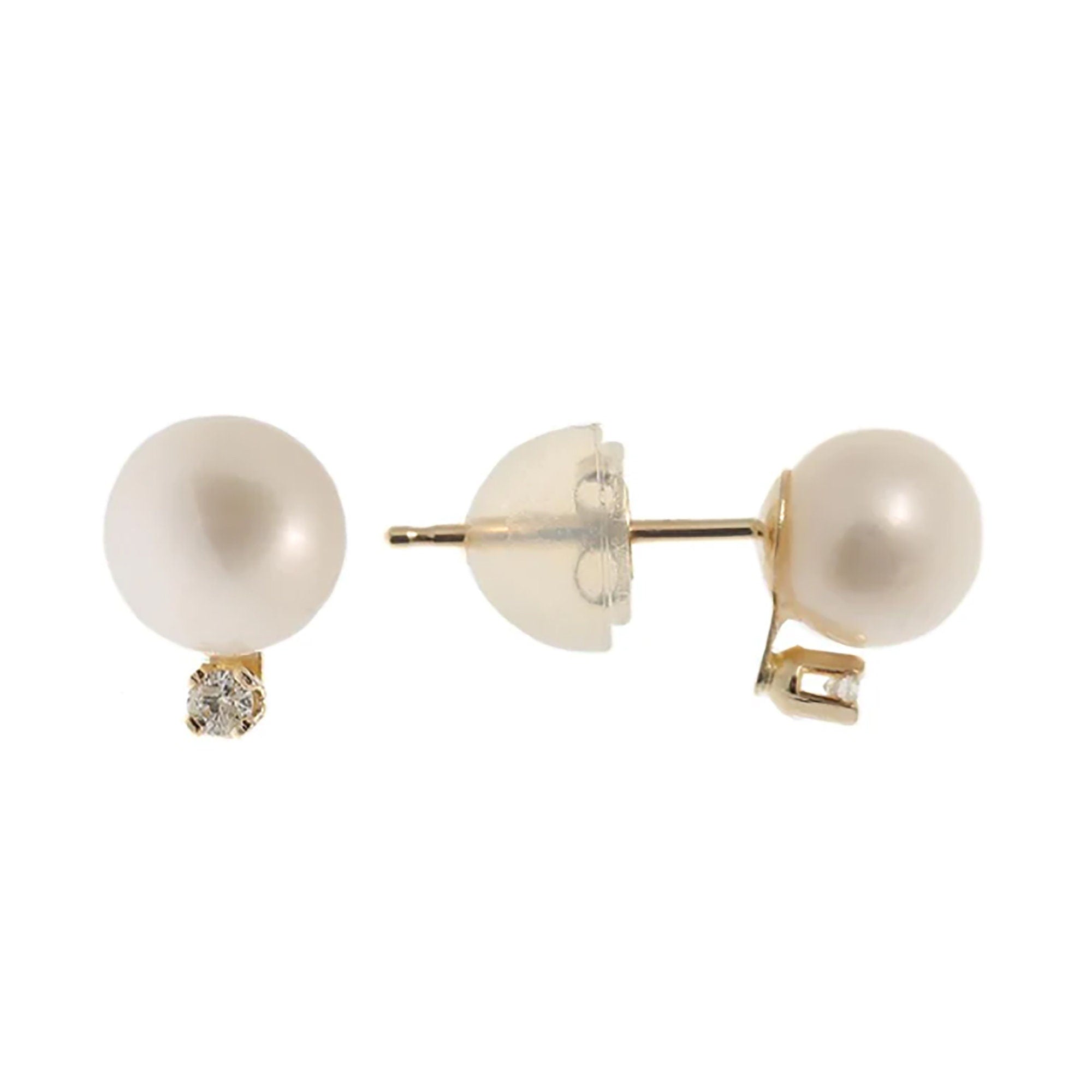 Gold Pearl Stud Earrings, 14K Yellow Gold Cultured Pearl 6mm with Diamond Earrings, June Birthstone, Handmade Earrings, Earrings  For Wedding