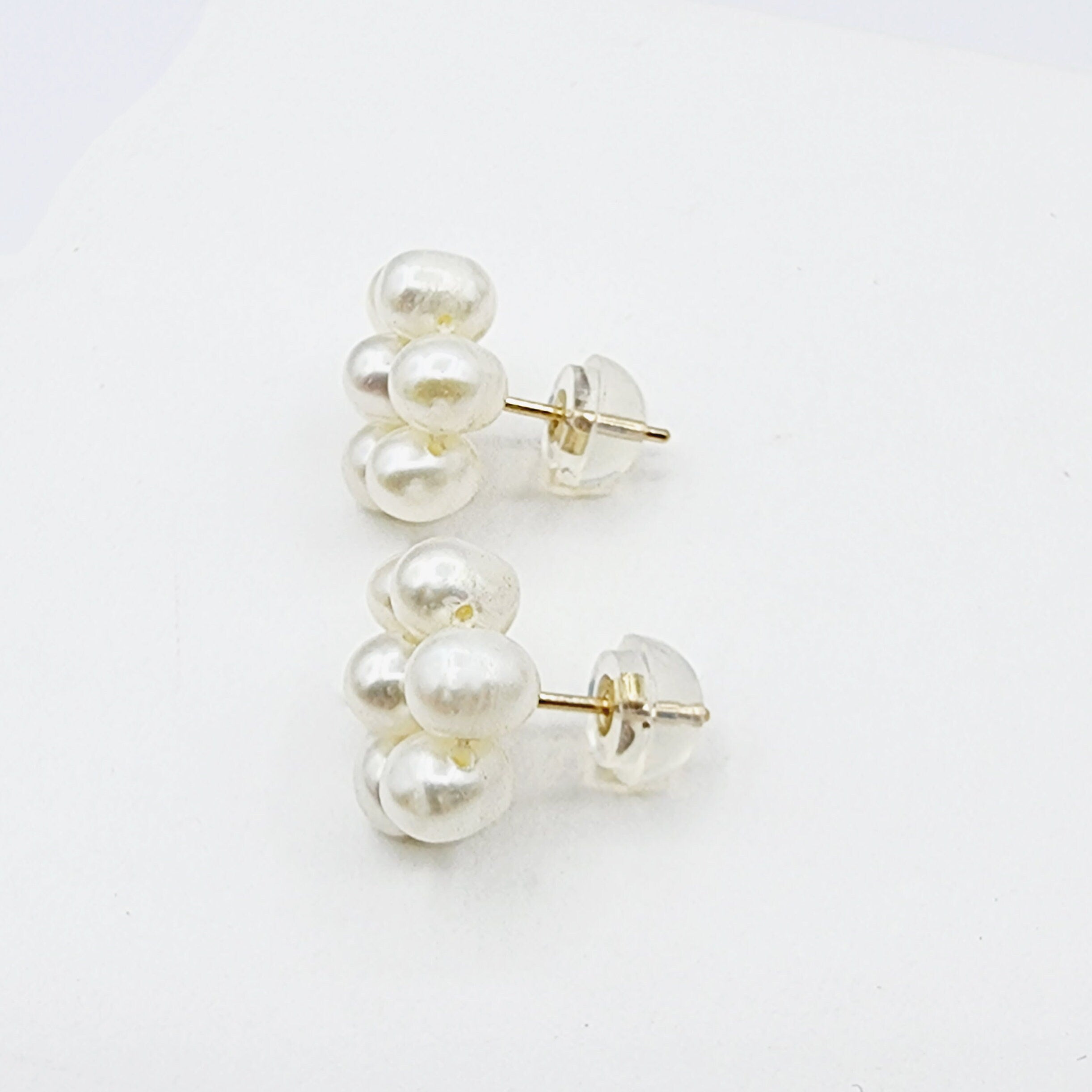 14k Gold Pearl Stud Earrings | 14K Yellow Gold Genuine Pearl Floral Earrings, June Birthstone, Birthstone Earrings, Handmade Earrings