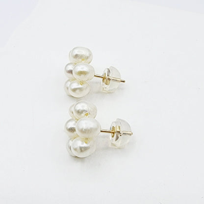14k Gold Pearl Stud Earrings | 14K Yellow Gold Genuine Pearl Floral Earrings, June Birthstone, Birthstone Earrings, Handmade Earrings