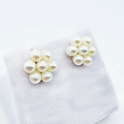14k Gold Pearl Stud Earrings | 14K Yellow Gold Genuine Pearl Floral Earrings, June Birthstone, Birthstone Earrings, Handmade Earrings