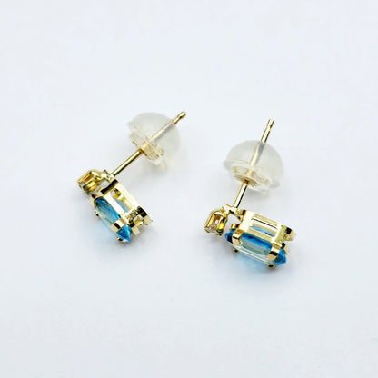 Gold Blue Topaz Stud Earrings | 14K Yellow Gold Genuine Blue Topaz with Natural Diamond Stud Earrings, December Birthstone Jewelry
