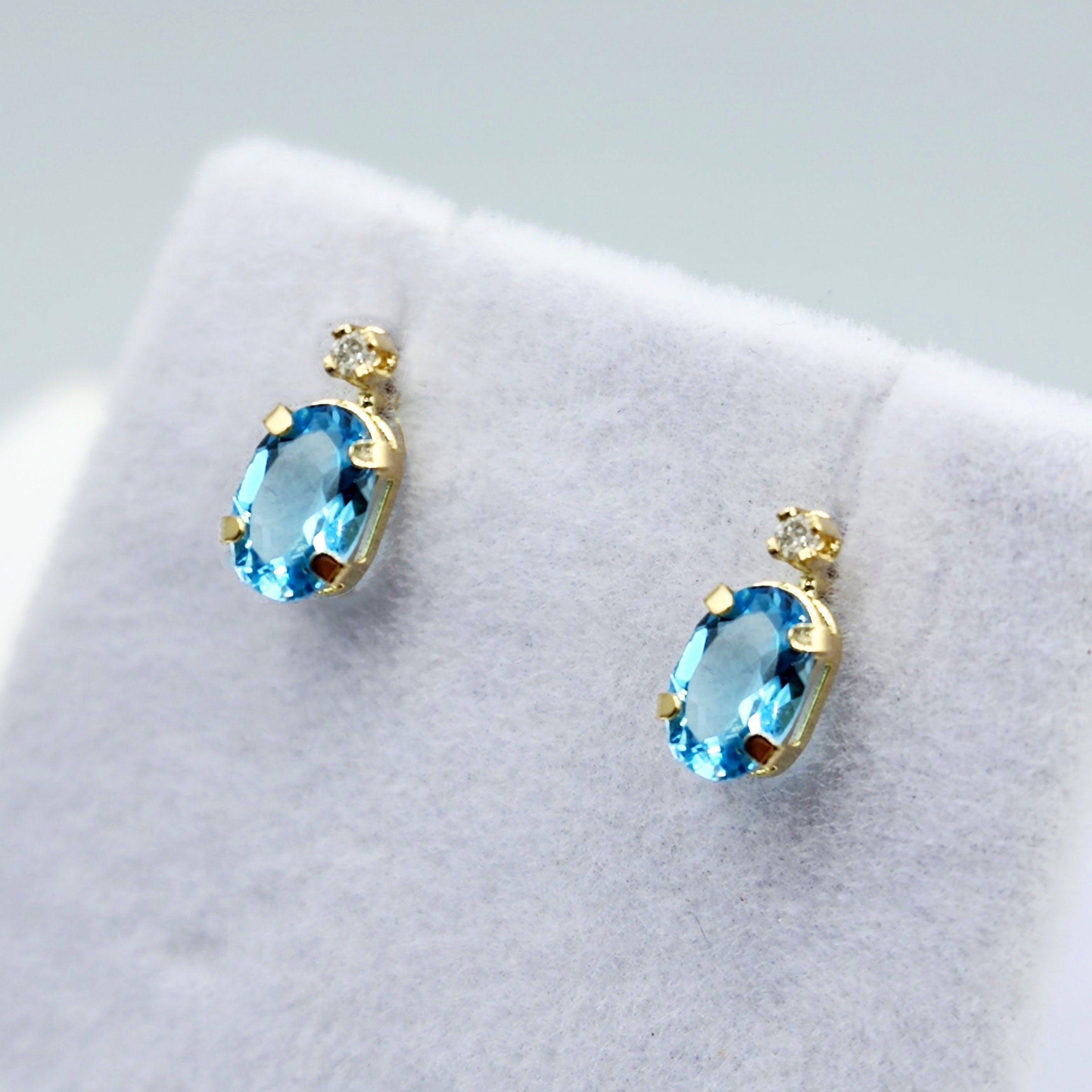 Gold Blue Topaz Stud Earrings | 14K Yellow Gold Genuine Blue Topaz with Natural Diamond Stud Earrings, December Birthstone Jewelry