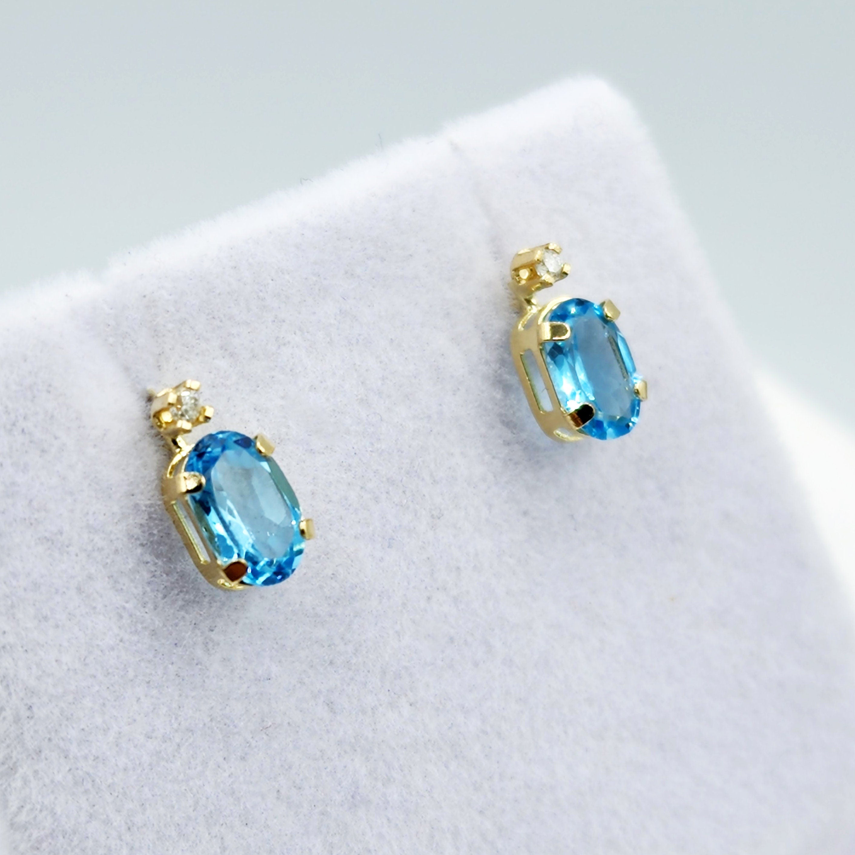 Gold Blue Topaz Stud Earrings | 14K Yellow Gold Genuine Blue Topaz with Natural Diamond Stud Earrings, December Birthstone Jewelry
