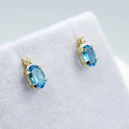 Gold Blue Topaz Stud Earrings | 14K Yellow Gold Genuine Blue Topaz with Natural Diamond Stud Earrings, December Birthstone Jewelry