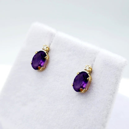 14k Gold Amethyst Stud Earrings | 14K Gold Genuine Amethyst 6x4mm with Natural Diamond Stud Earrings, February Birthstone Jewelry