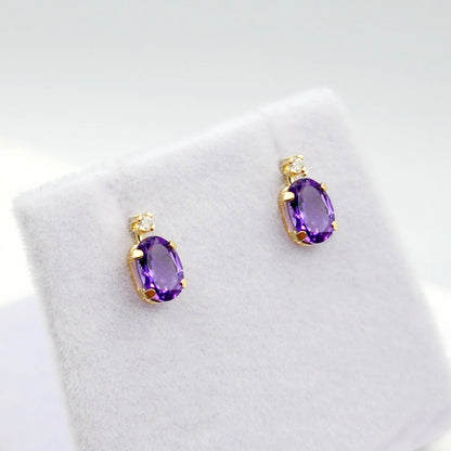 14k Gold Amethyst Stud Earrings | 14K Gold Genuine Amethyst 6x4mm with Natural Diamond Stud Earrings, February Birthstone Jewelry