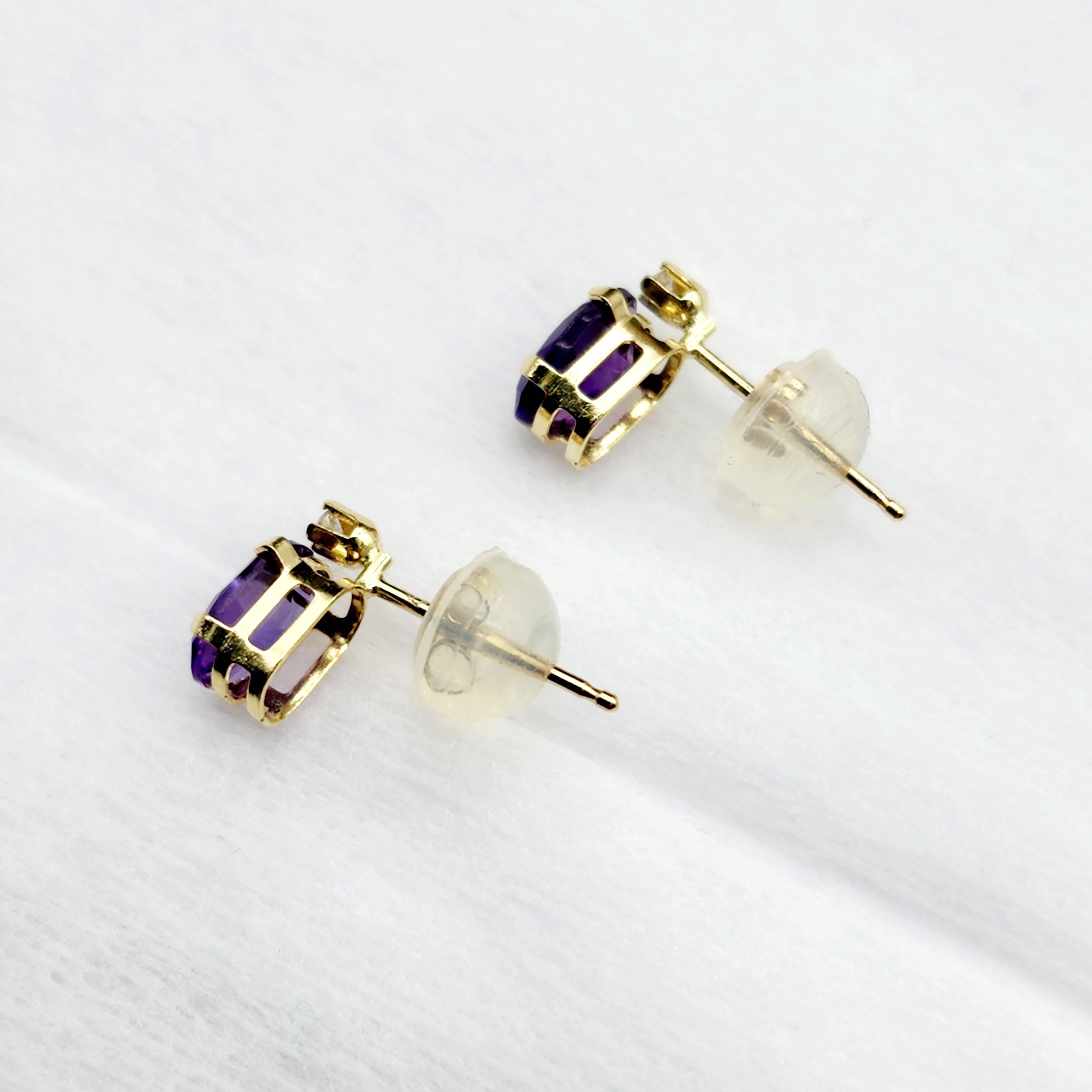 14k Gold Amethyst Stud Earrings | 14K Gold Genuine Amethyst 6x4mm with Natural Diamond Stud Earrings, February Birthstone Jewelry