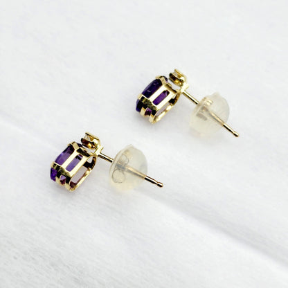 14k Gold Amethyst Stud Earrings | 14K Gold Genuine Amethyst 6x4mm with Natural Diamond Stud Earrings, February Birthstone Jewelry