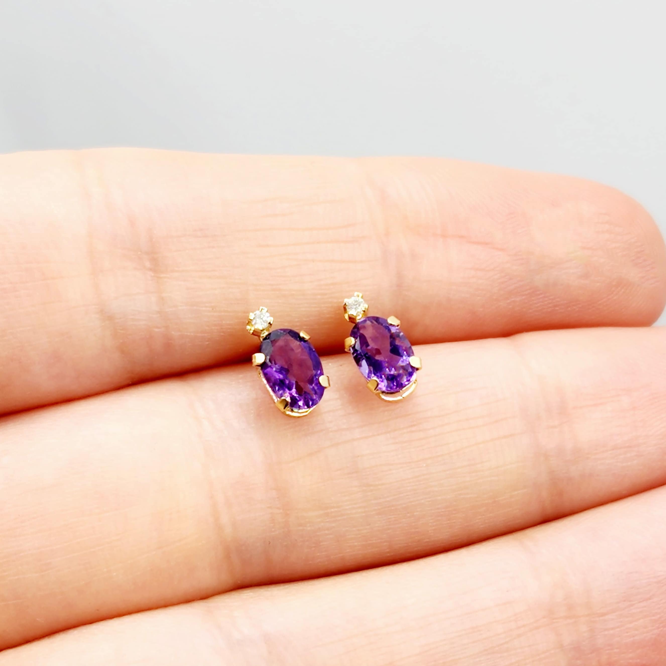 14k Gold Amethyst Stud Earrings | 14K Gold Genuine Amethyst 6x4mm with Natural Diamond Stud Earrings, February Birthstone Jewelry