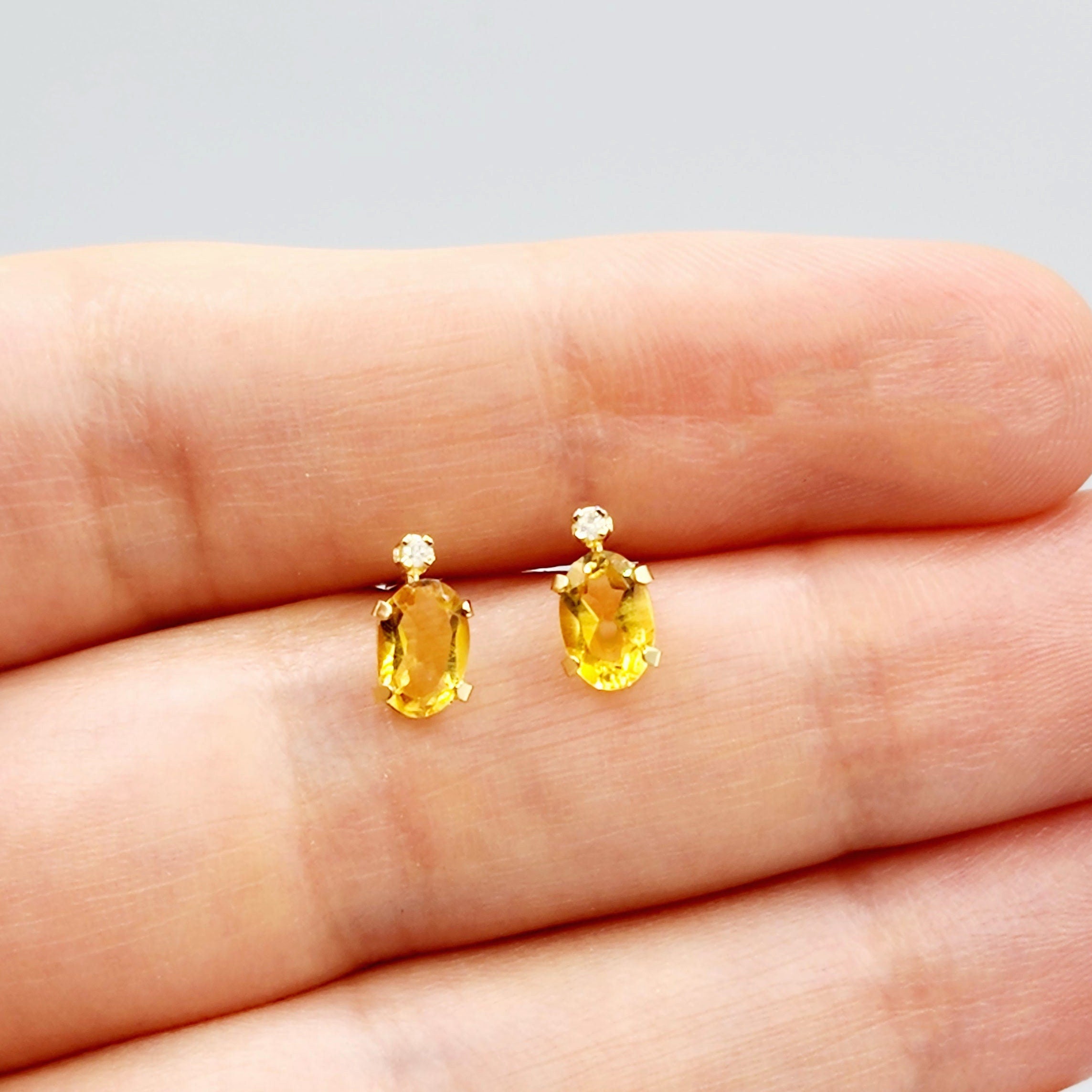 14K Gold Citrine Stud Earrings | 14K Yellow Gold Genuine Citrine with Natural Diamond Stud Earrings, November Birthstone Jewelry