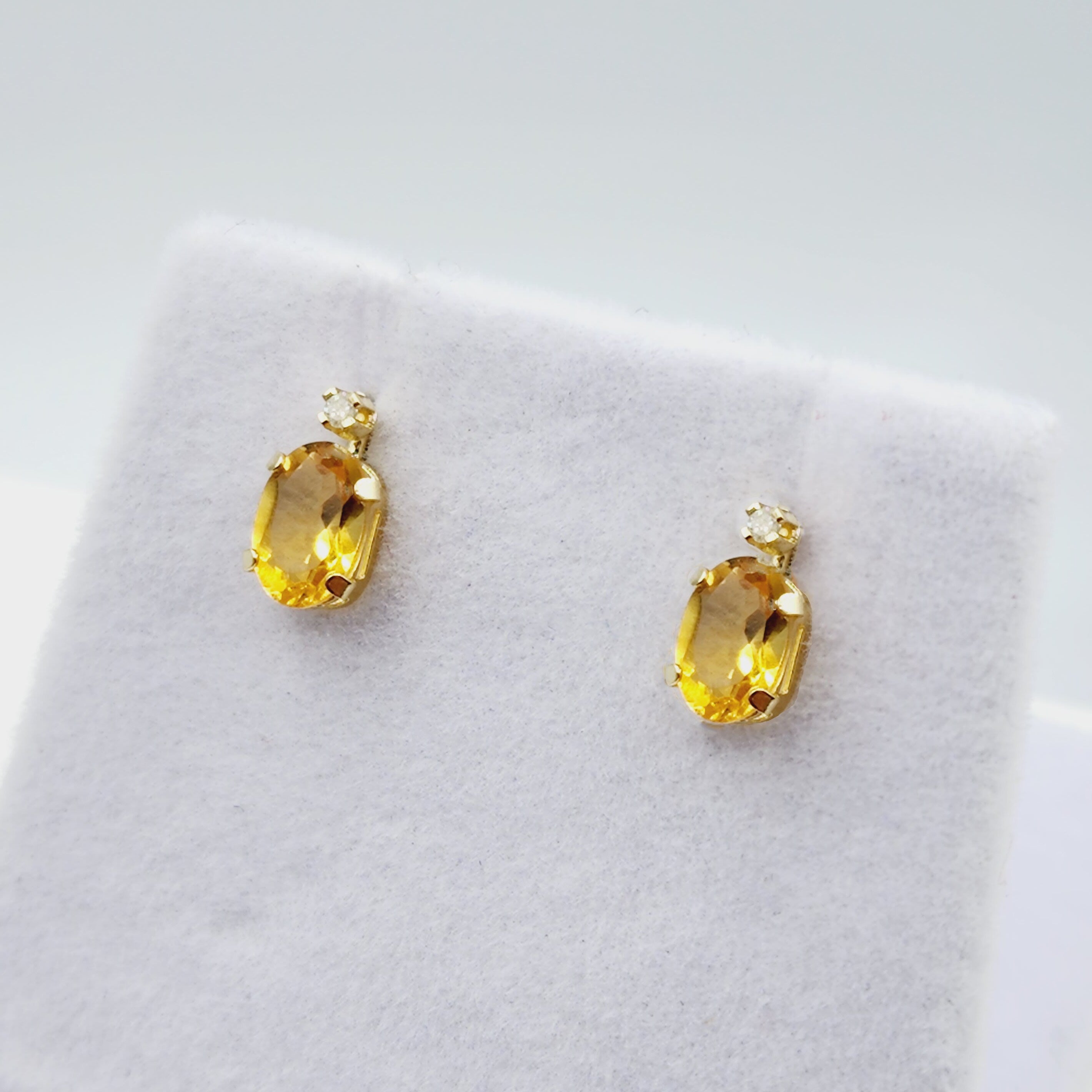 14K Gold Citrine Stud Earrings | 14K Yellow Gold Genuine Citrine with Natural Diamond Stud Earrings, November Birthstone Jewelry
