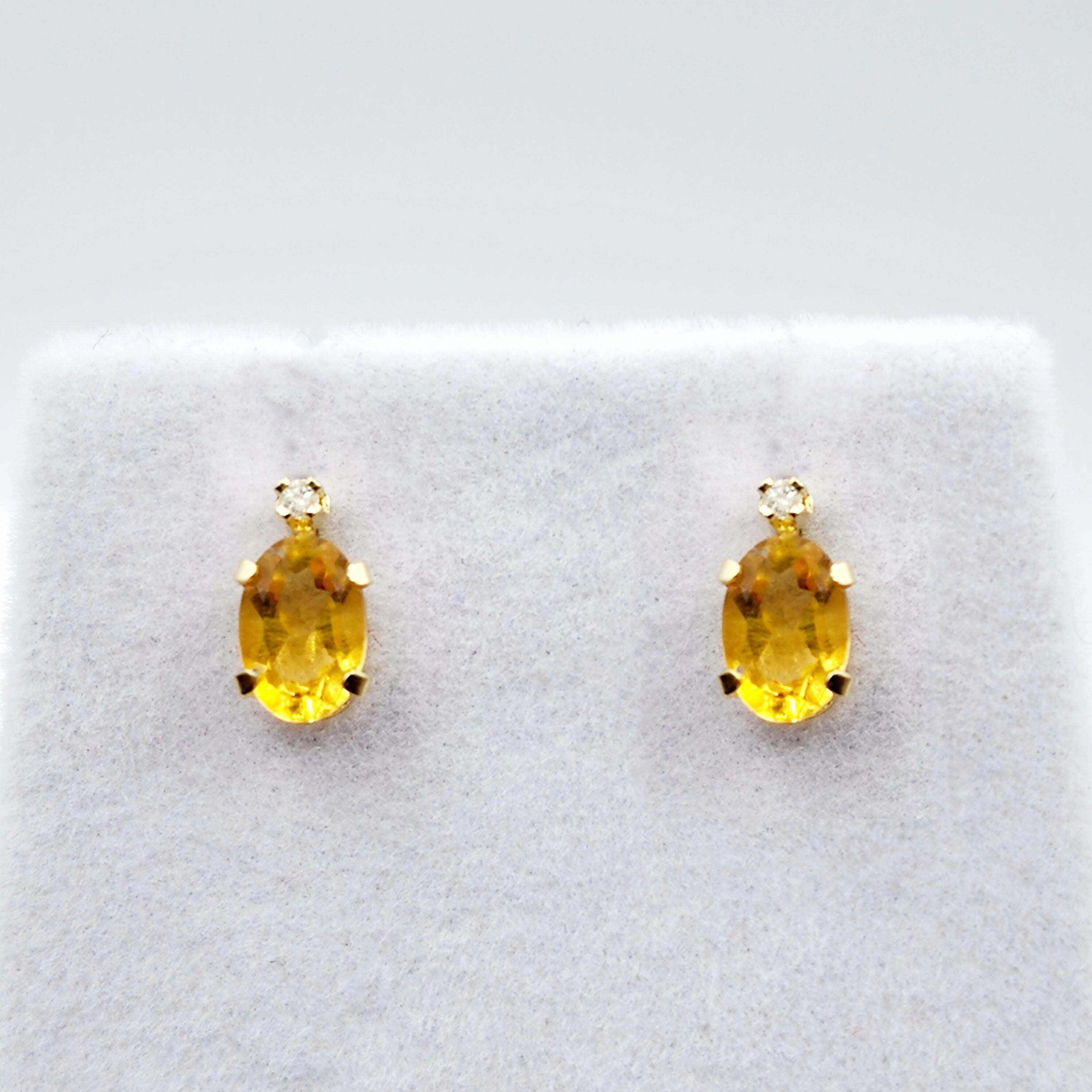 14K Gold Citrine Stud Earrings | 14K Yellow Gold Genuine Citrine with Natural Diamond Stud Earrings, November Birthstone Jewelry