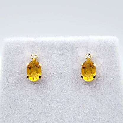 14K Gold Citrine Stud Earrings | 14K Yellow Gold Genuine Citrine with Natural Diamond Stud Earrings, November Birthstone Jewelry