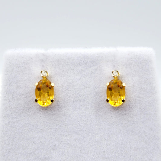 14K Gold Citrine Stud Earrings | 14K Yellow Gold Genuine Citrine with Natural Diamond Stud Earrings, November Birthstone Jewelry