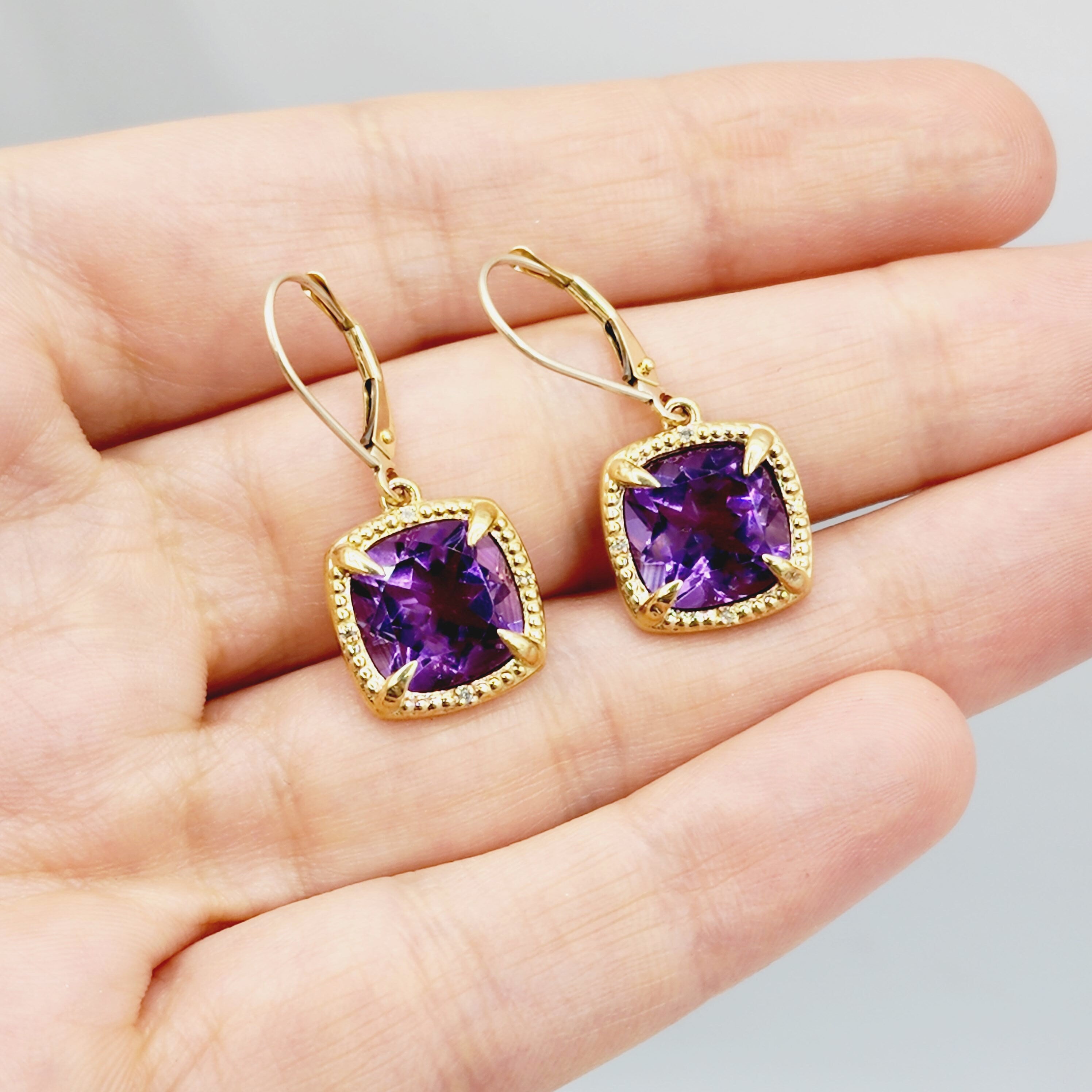 Gemstone Drop Earrings, 10kt Yellow Gold Genuine Square Gemstones 10mm and Diamond Earrings, Birthstone Earrings, Earring For Women, Gifts