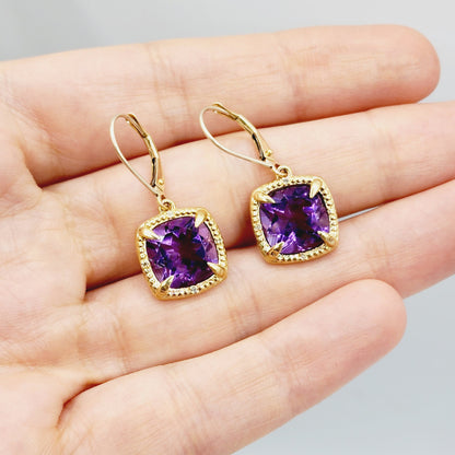 Gemstone Drop Earrings, 10kt Yellow Gold Genuine Square Gemstones 10mm and Diamond Earrings, Birthstone Earrings, Earring For Women, Gifts