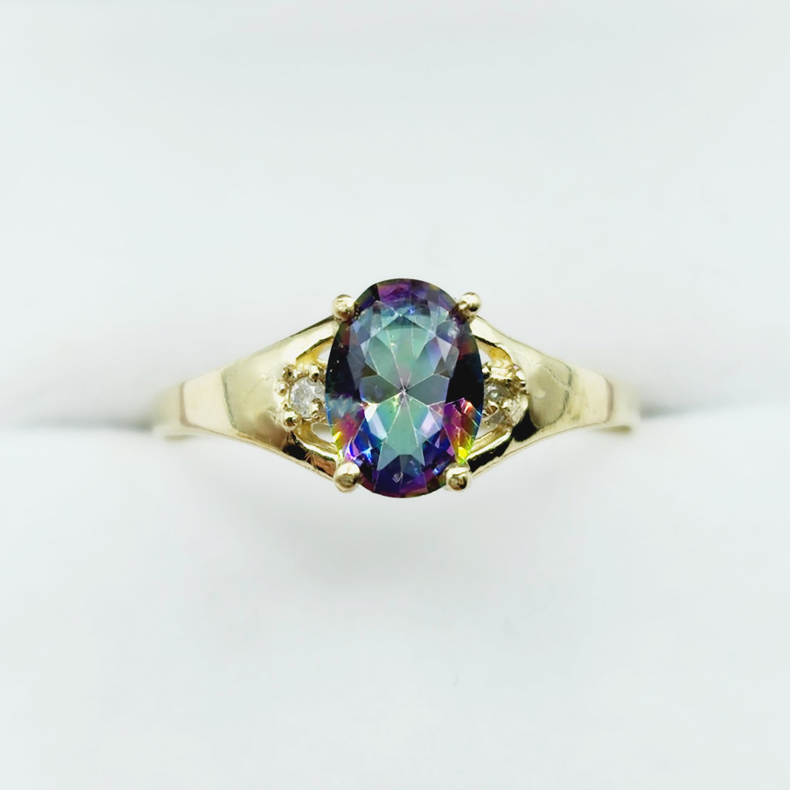 10K Yellow Gold Gemstone Ring, Oval Birthstone Ring, Diamond Accent