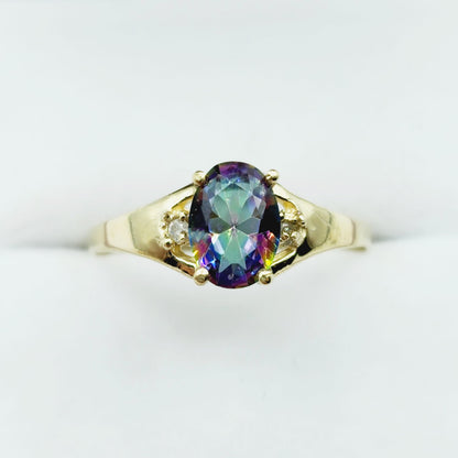 10K Yellow Gold Gemstone Ring, Oval Birthstone Ring, Diamond Accent