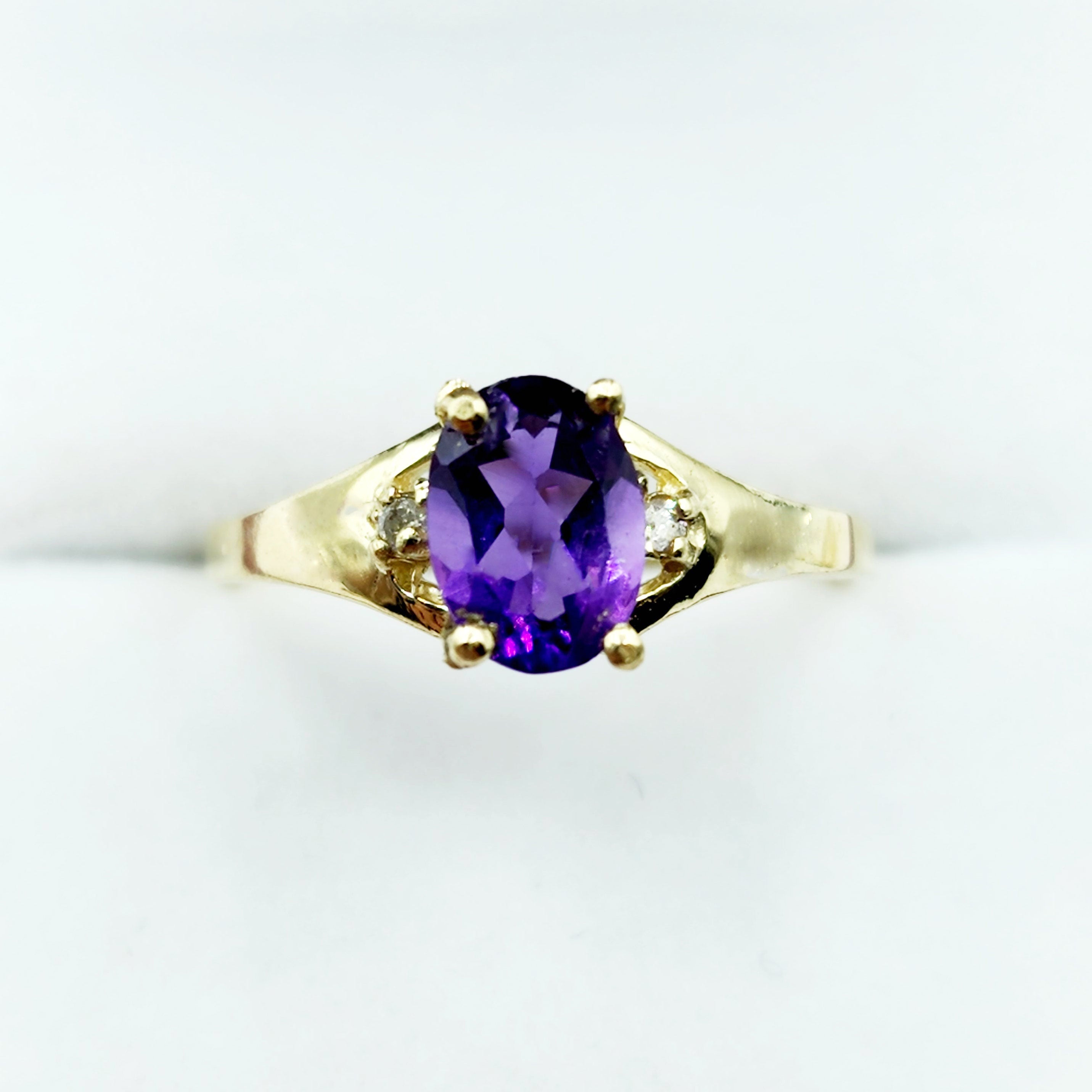10K Yellow Gold Gemstone Ring, Oval Birthstone Ring, Diamond Accent