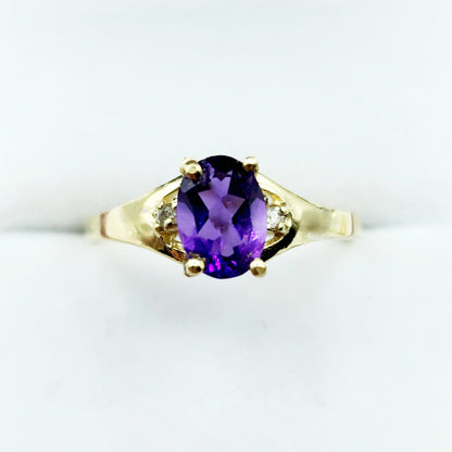 10K Yellow Gold Gemstone Ring, Oval Birthstone Ring, Diamond Accent