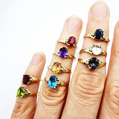 10K Yellow Gold Gemstone Ring, Oval Birthstone Ring, Diamond Accent