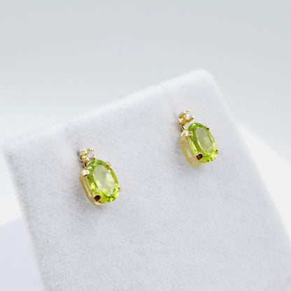 14K Gold Peridot Stud Earrings | 14K Yellow Gold Genuine Peridot with Natural Diamond Stud Earrings, August Birthstone Jewelry