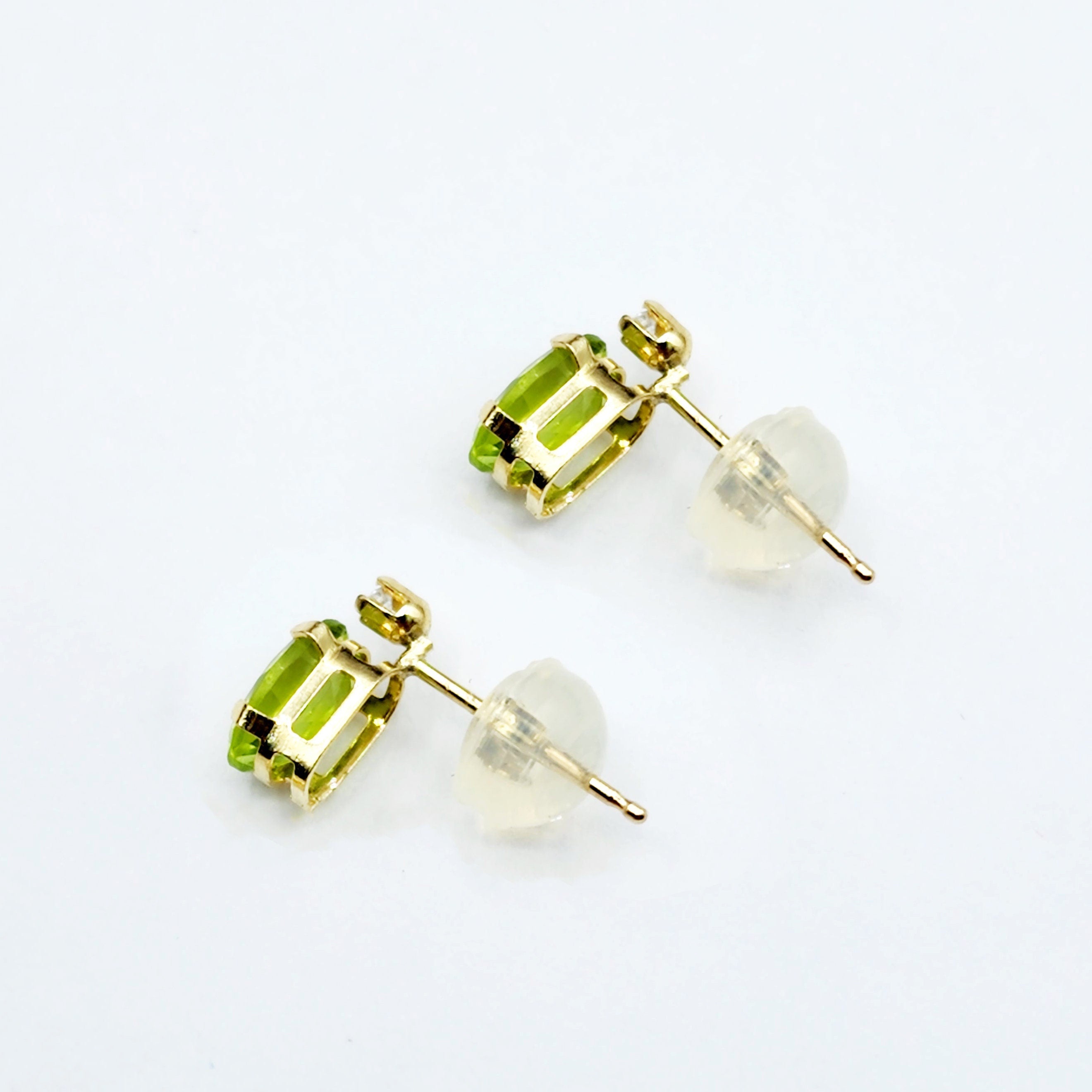 14K Gold Peridot Stud Earrings | 14K Yellow Gold Genuine Peridot with Natural Diamond Stud Earrings, August Birthstone Jewelry