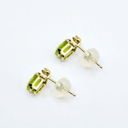 14K Gold Peridot Stud Earrings | 14K Yellow Gold Genuine Peridot with Natural Diamond Stud Earrings, August Birthstone Jewelry