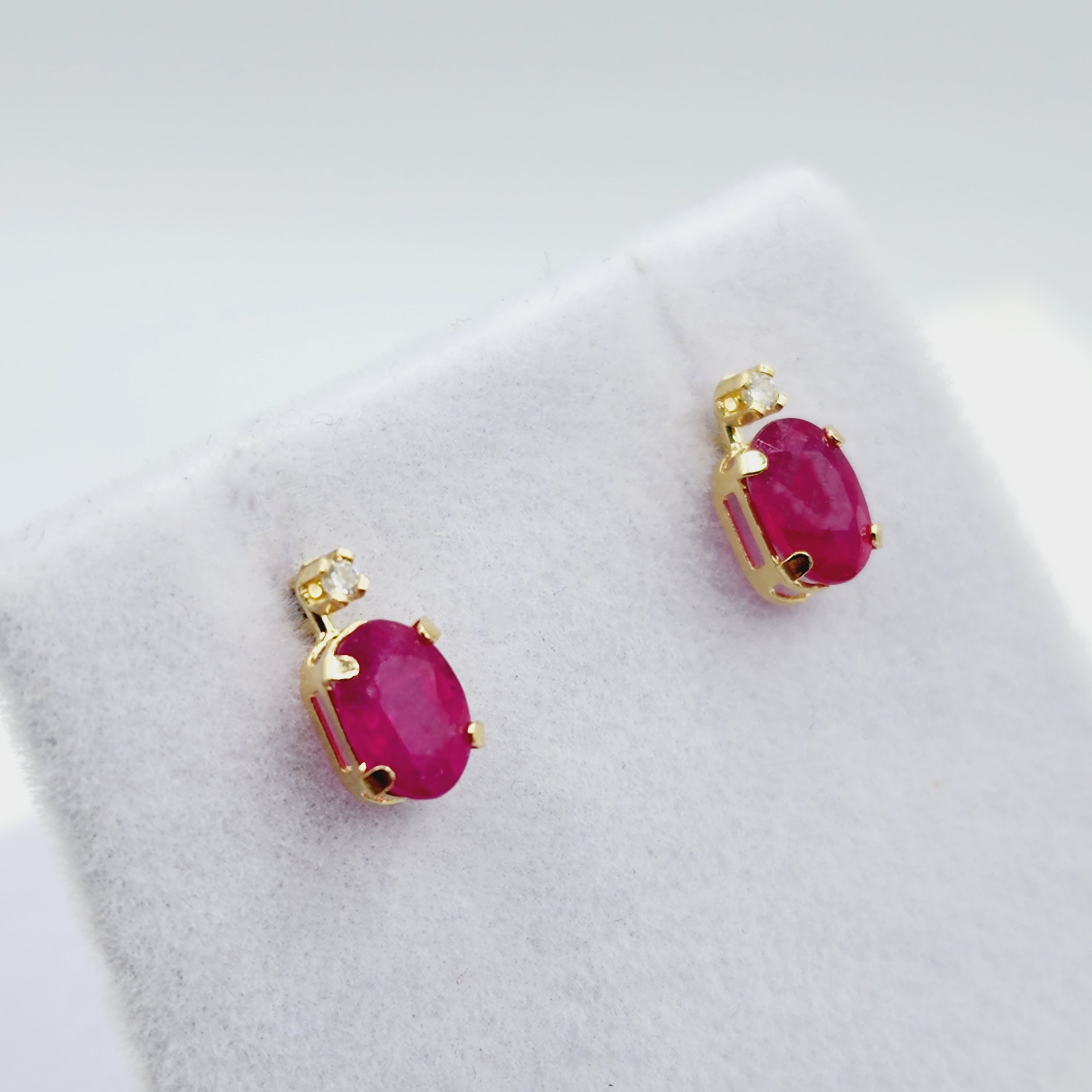 14K Gold Ruby Stud Earrings | 14K Gold Genuine Ruby with Natural Diamond Stud Earrings, July Birthstone Jewelry