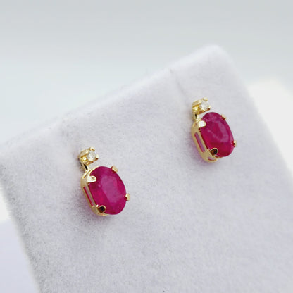 14K Gold Ruby Stud Earrings | 14K Gold Genuine Ruby with Natural Diamond Stud Earrings, July Birthstone Jewelry