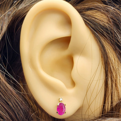 14K Gold Ruby Stud Earrings | 14K Gold Genuine Ruby with Natural Diamond Stud Earrings, July Birthstone Jewelry