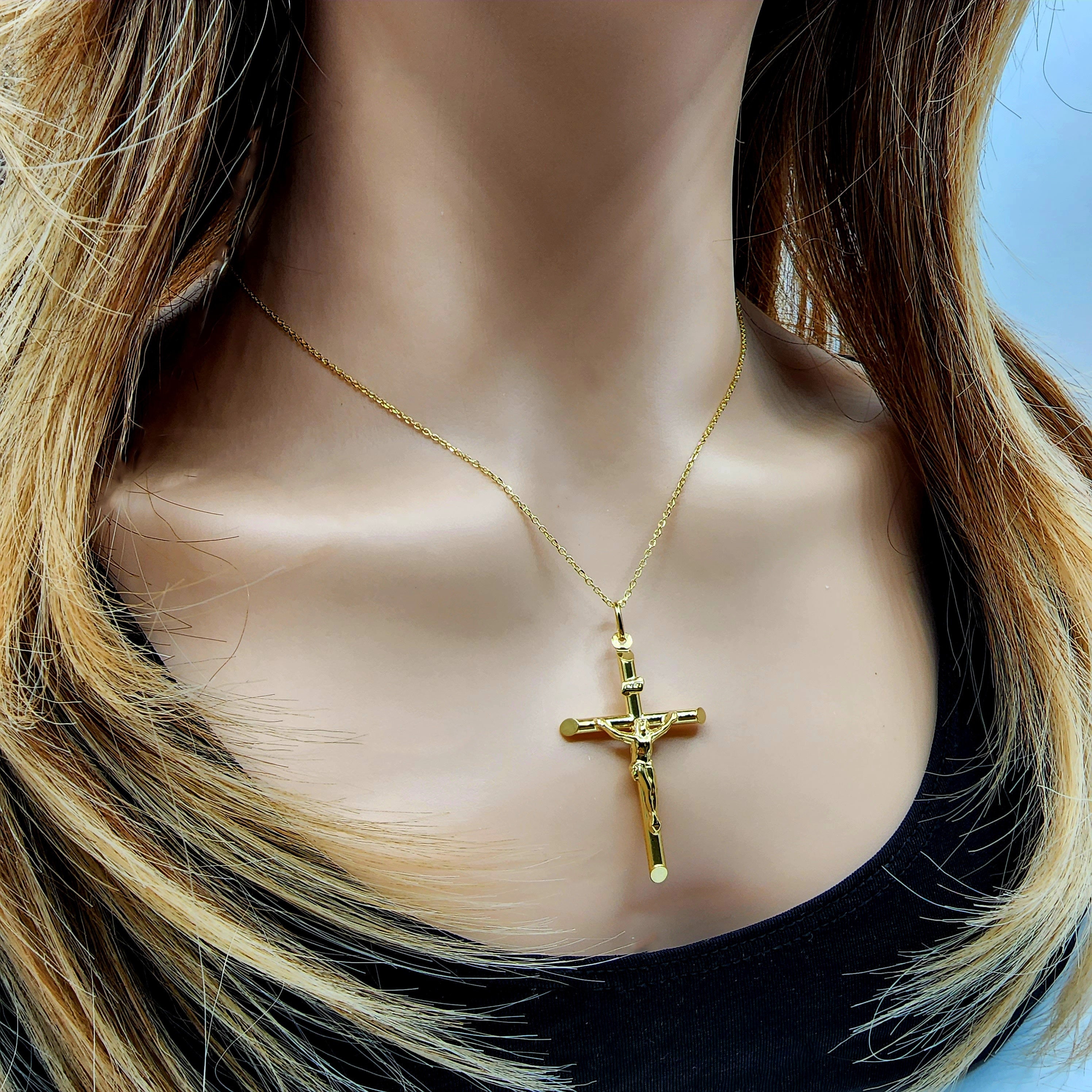 Dainty Crucifix Cross Pendant , Jesus Religious Cross Pendant, 10K Gold Large Cross Pendant for Unisex, Memorable Religious Gifts
