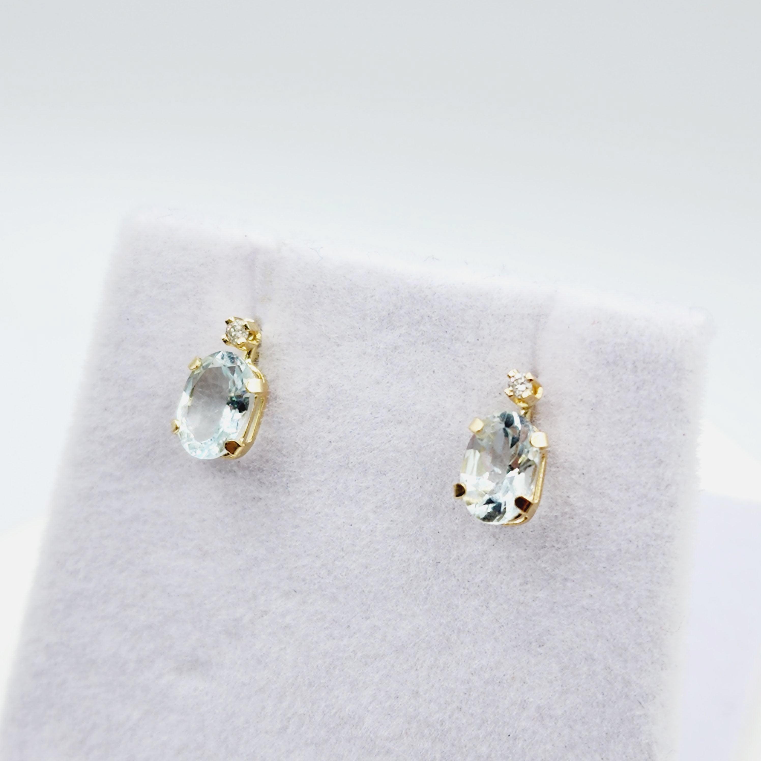 14K Gold Aquamarine Stud Earrings | 14K Gold Genuine Aquamarine 6x4mm with Natural Diamond Stud Earrings, March Birthstone , Gift For Her