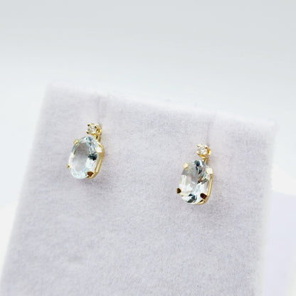 14K Gold Aquamarine Stud Earrings | 14K Gold Genuine Aquamarine 6x4mm with Natural Diamond Stud Earrings, March Birthstone , Gift For Her