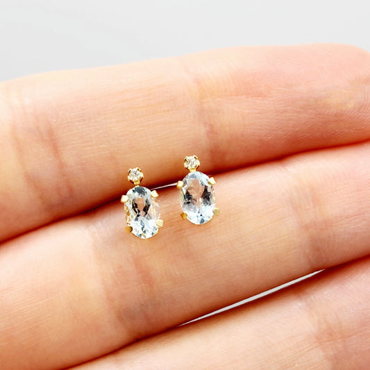 14K Gold Aquamarine Stud Earrings | 14K Gold Genuine Aquamarine 6x4mm with Natural Diamond Stud Earrings, March Birthstone , Gift For Her