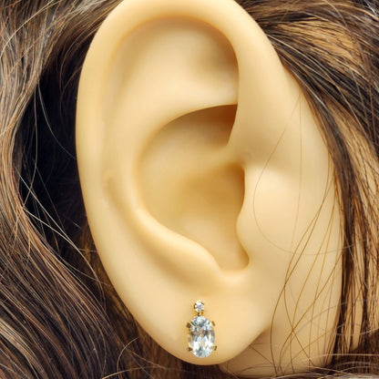 14K Gold Aquamarine Stud Earrings | 14K Gold Genuine Aquamarine 6x4mm with Natural Diamond Stud Earrings, March Birthstone , Gift For Her