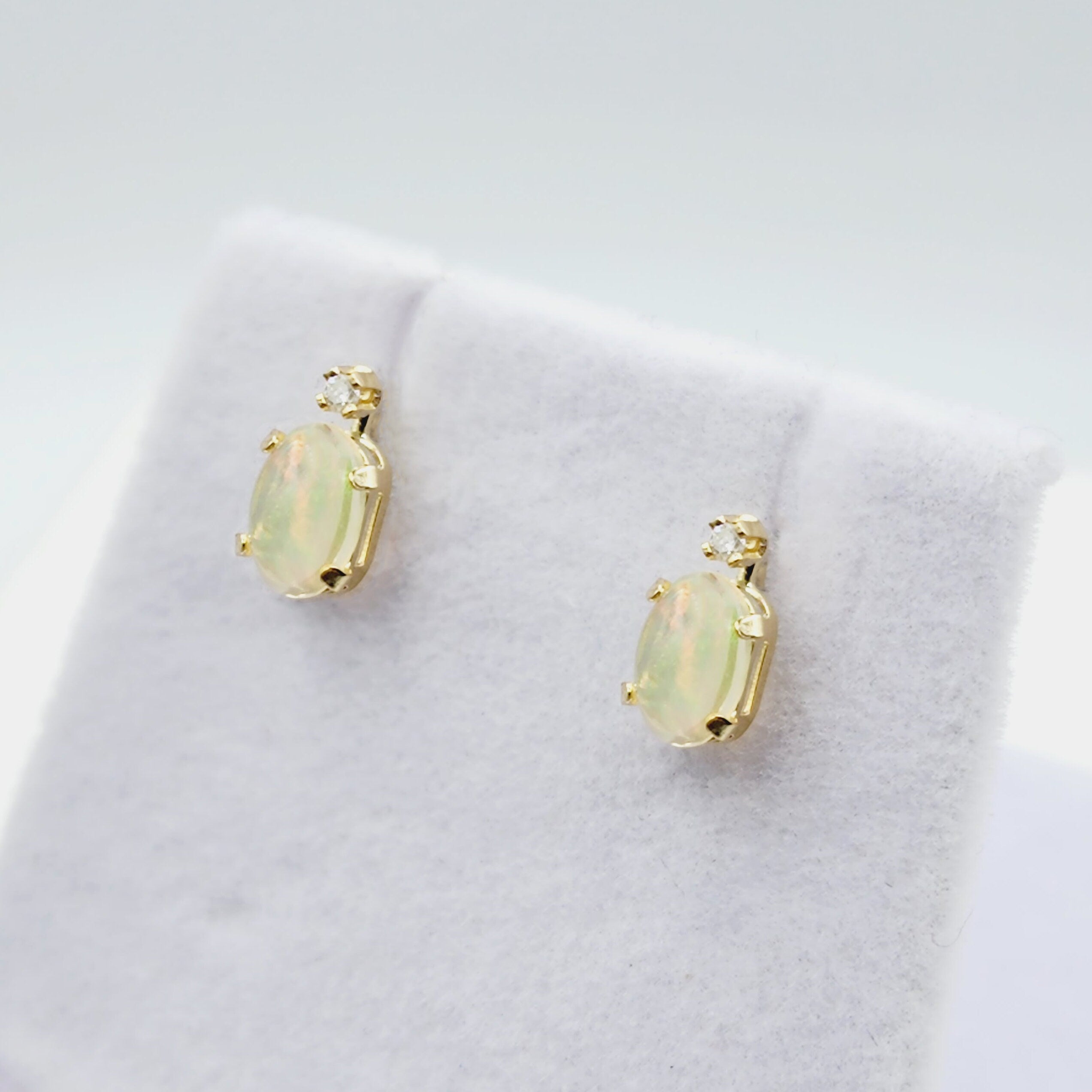 14K Gold Natural Ethiopian Opal Stud Earrings | 14K Yellow Gold Fire Opal with Diamond Stud Earrings, October Birthstone , Gift For Her