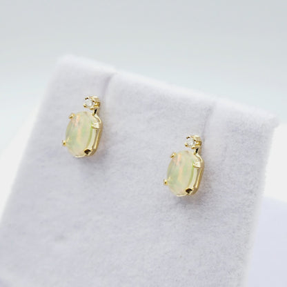 14K Gold Natural Ethiopian Opal Stud Earrings | 14K Yellow Gold Fire Opal with Diamond Stud Earrings, October Birthstone , Gift For Her