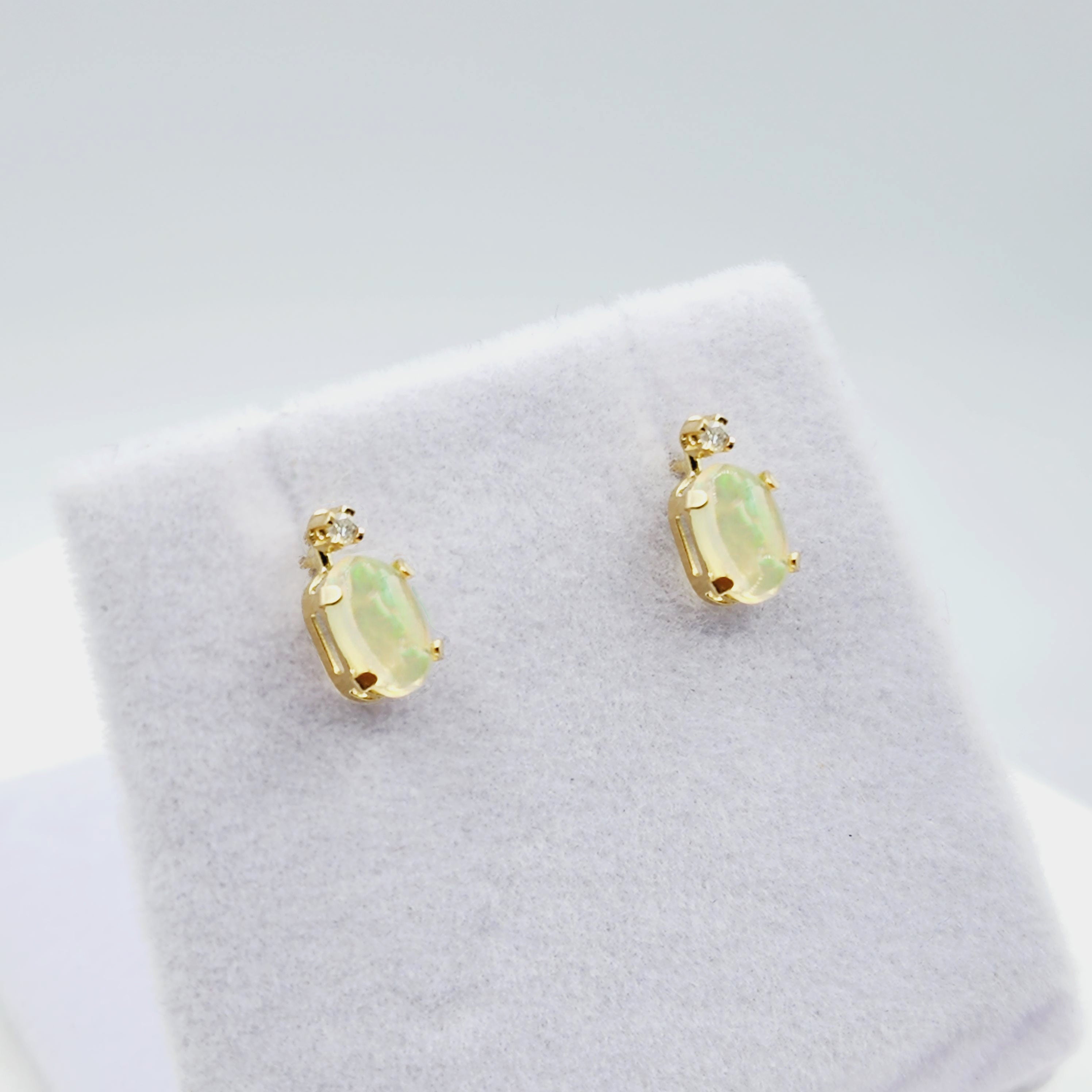 14K Gold Natural Ethiopian Opal Stud Earrings | 14K Yellow Gold Fire Opal with Diamond Stud Earrings, October Birthstone , Gift For Her