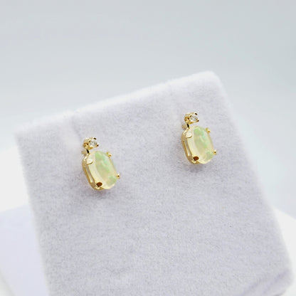 14K Gold Natural Ethiopian Opal Stud Earrings | 14K Yellow Gold Fire Opal with Diamond Stud Earrings, October Birthstone , Gift For Her