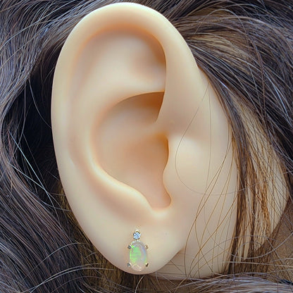 14K Gold Natural Ethiopian Opal Stud Earrings | 14K Yellow Gold Fire Opal with Diamond Stud Earrings, October Birthstone , Gift For Her