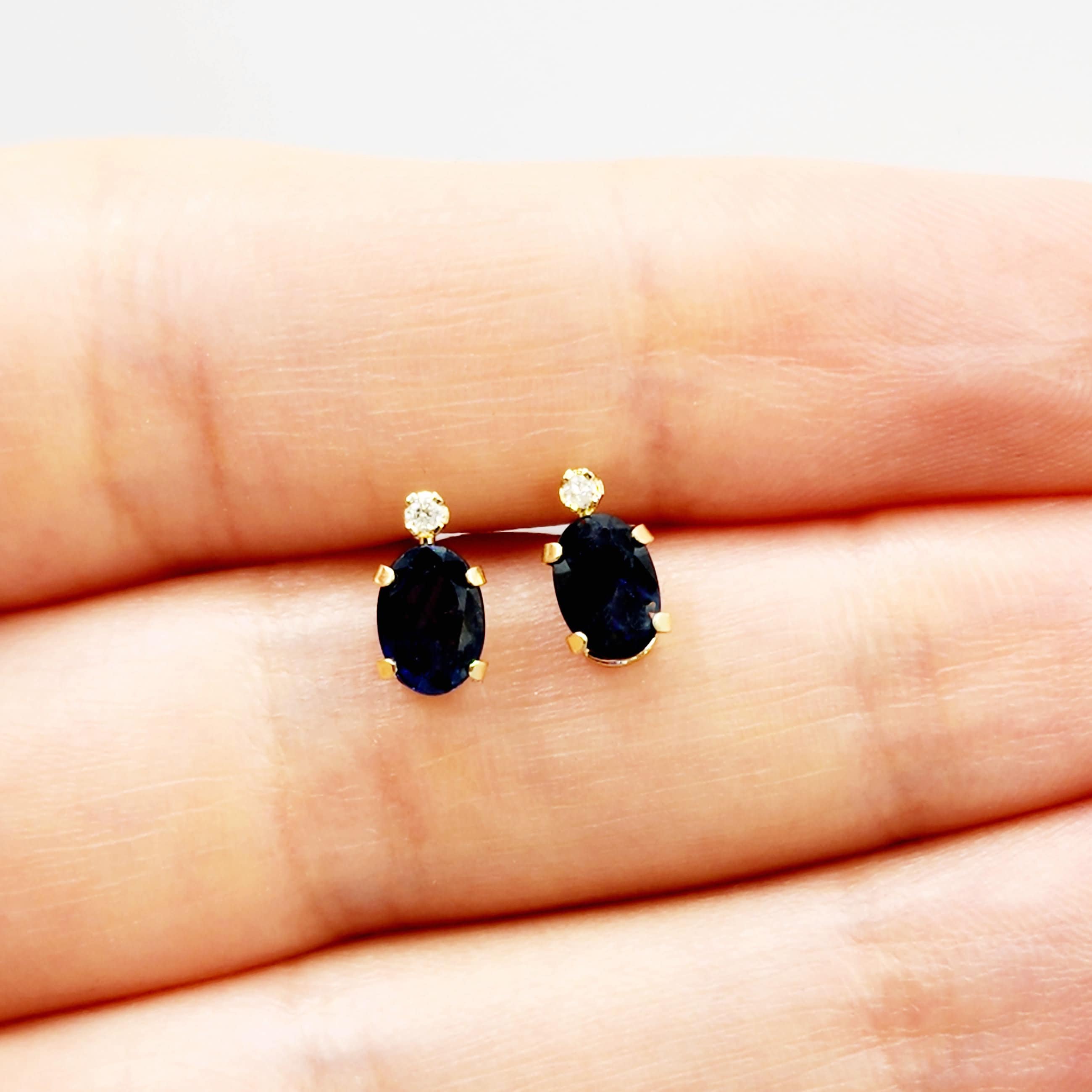 10K Gold Blue Sapphire Stud Earrings | 10K Yellow Gold Genuine Blue Sapphire with Diamond Stud Earrings, September Birthstone Jewelry, Gifts