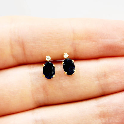 10K Gold Blue Sapphire Stud Earrings | 10K Yellow Gold Genuine Blue Sapphire with Diamond Stud Earrings, September Birthstone Jewelry, Gifts