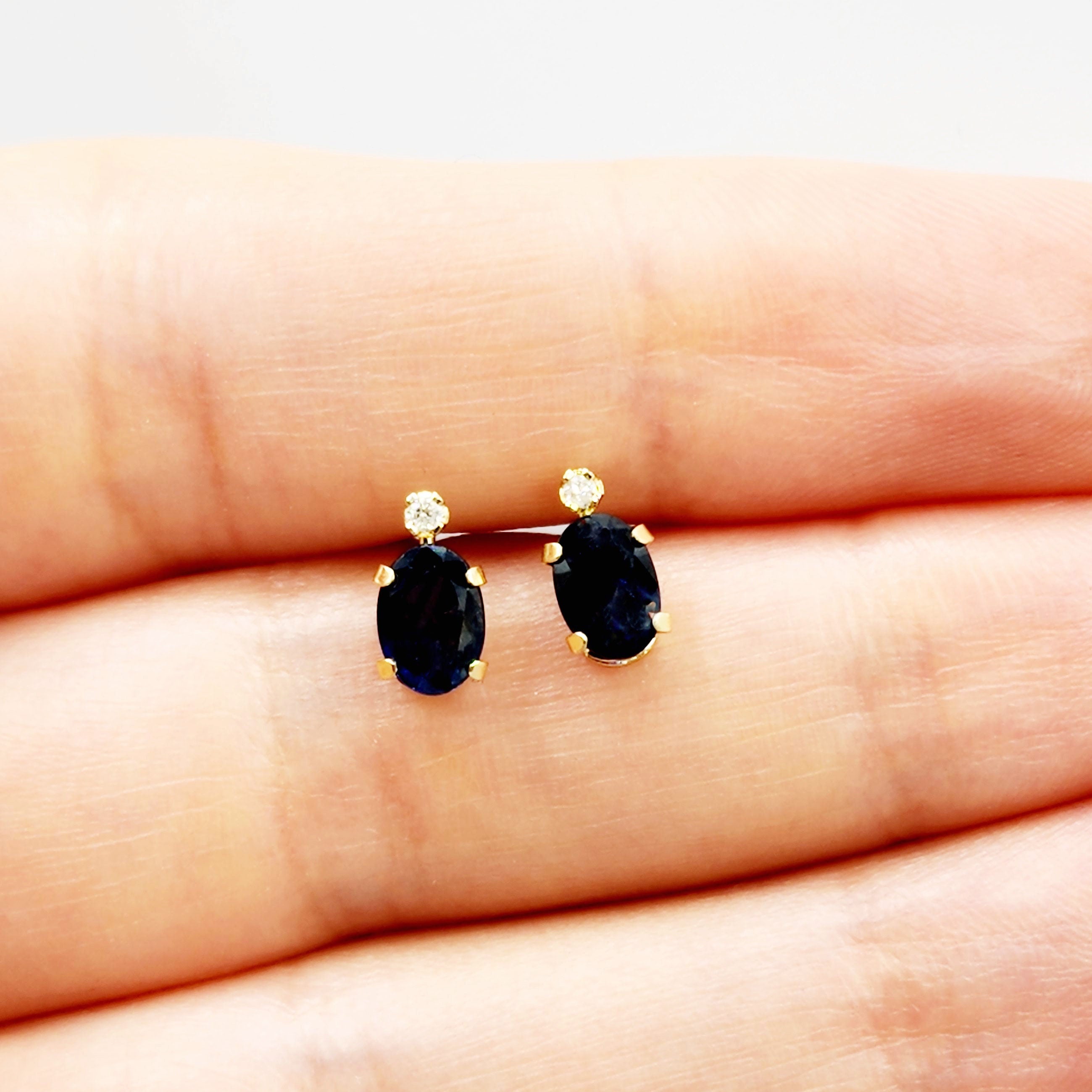 14K Gold Blue Sapphire Stud Earrings | 14K Yellow Gold Genuine Blue Sapphire with Diamond Stud Earrings, September Birthstone Jewelry, Gifts