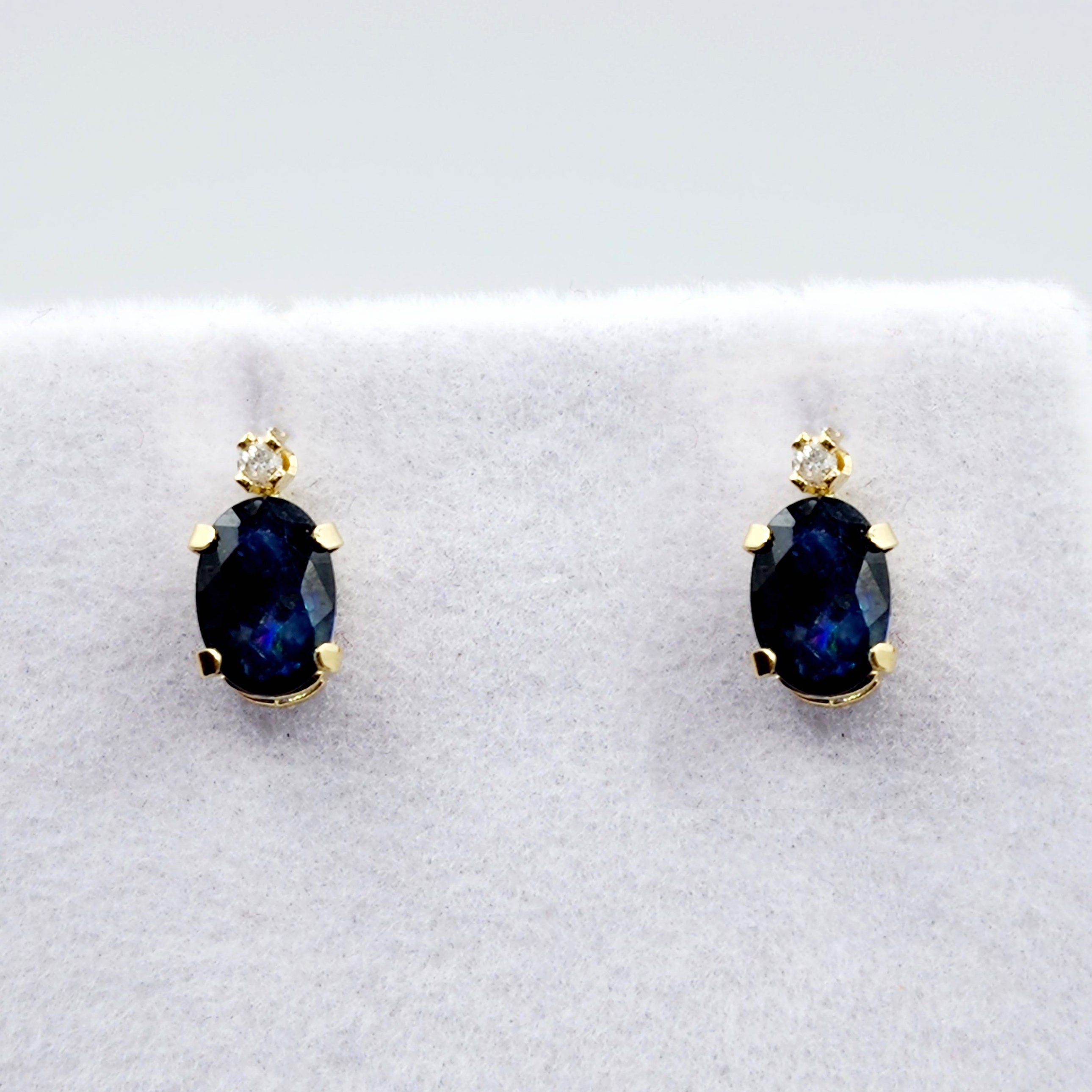 10K Gold Blue Sapphire Stud Earrings | 10K Yellow Gold Genuine Blue Sapphire with Diamond Stud Earrings, September Birthstone Jewelry, Gifts