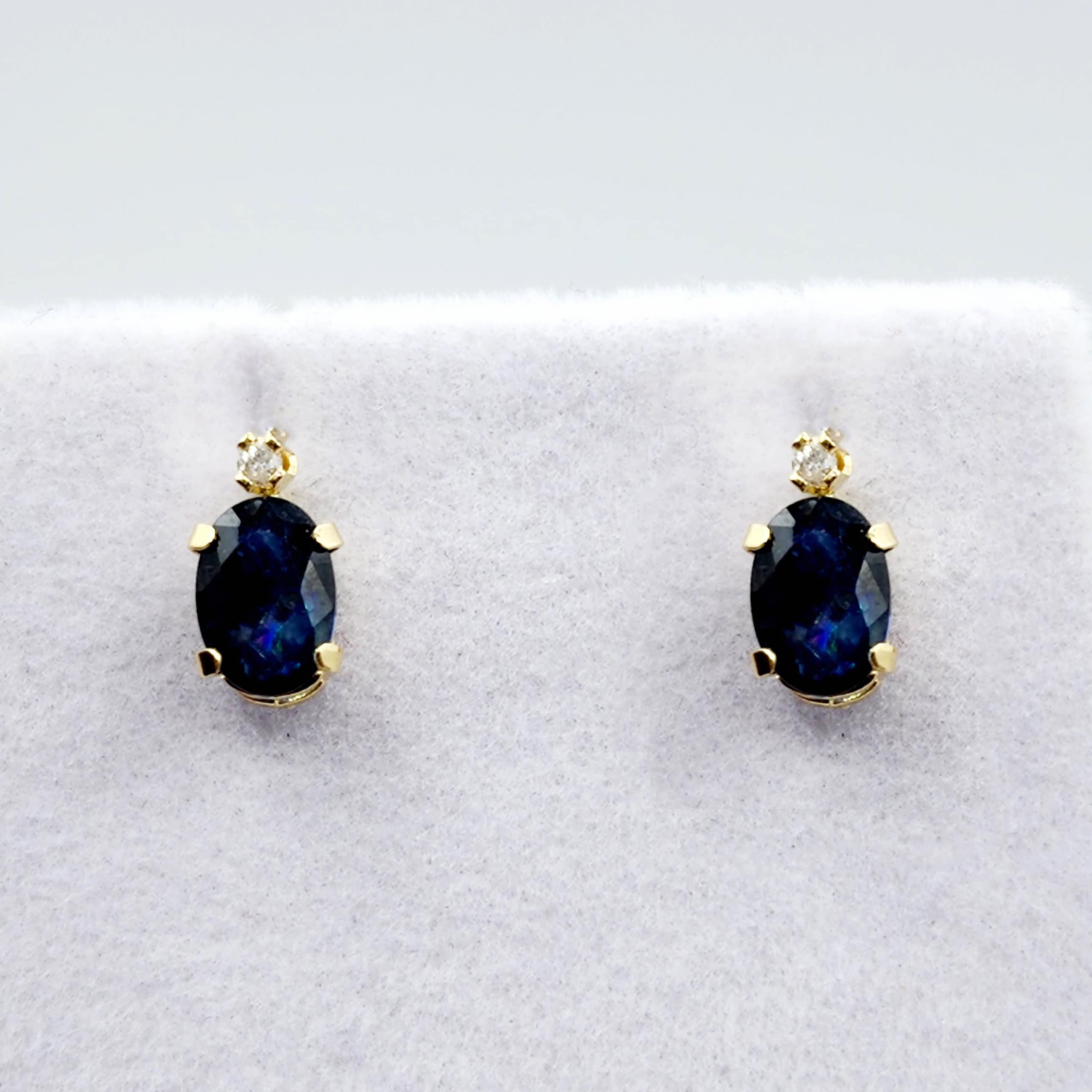 14K Gold Blue Sapphire Stud Earrings | 14K Yellow Gold Genuine Blue Sapphire with Diamond Stud Earrings, September Birthstone Jewelry, Gifts