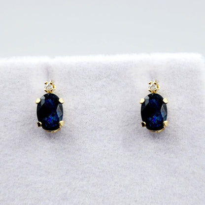 14K Gold Blue Sapphire Stud Earrings | 14K Yellow Gold Genuine Blue Sapphire with Diamond Stud Earrings, September Birthstone Jewelry, Gifts